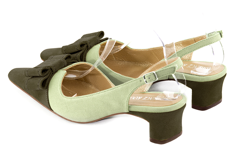 Khaki green women's open back shoes, with a knot. Tapered toe. Low kitten heels. Rear view - Florence KOOIJMAN